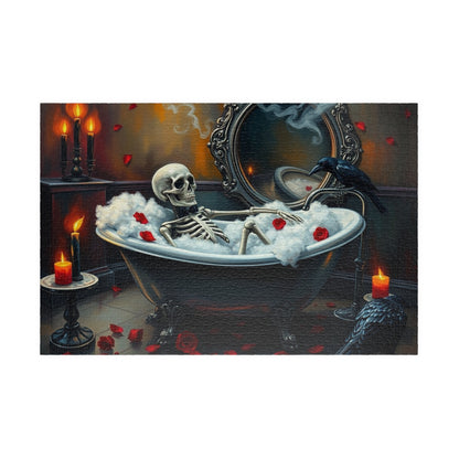 Creepy Cute Skeleton Bubblebath Puzzle, Skeleton Relaxing in Clawfoot Tub with Raven and Roses, Halloween Jigsaw for Spooky Puzzle Lovers 1014 pcs (Horizontal) Puzzle The Puzzle Chest