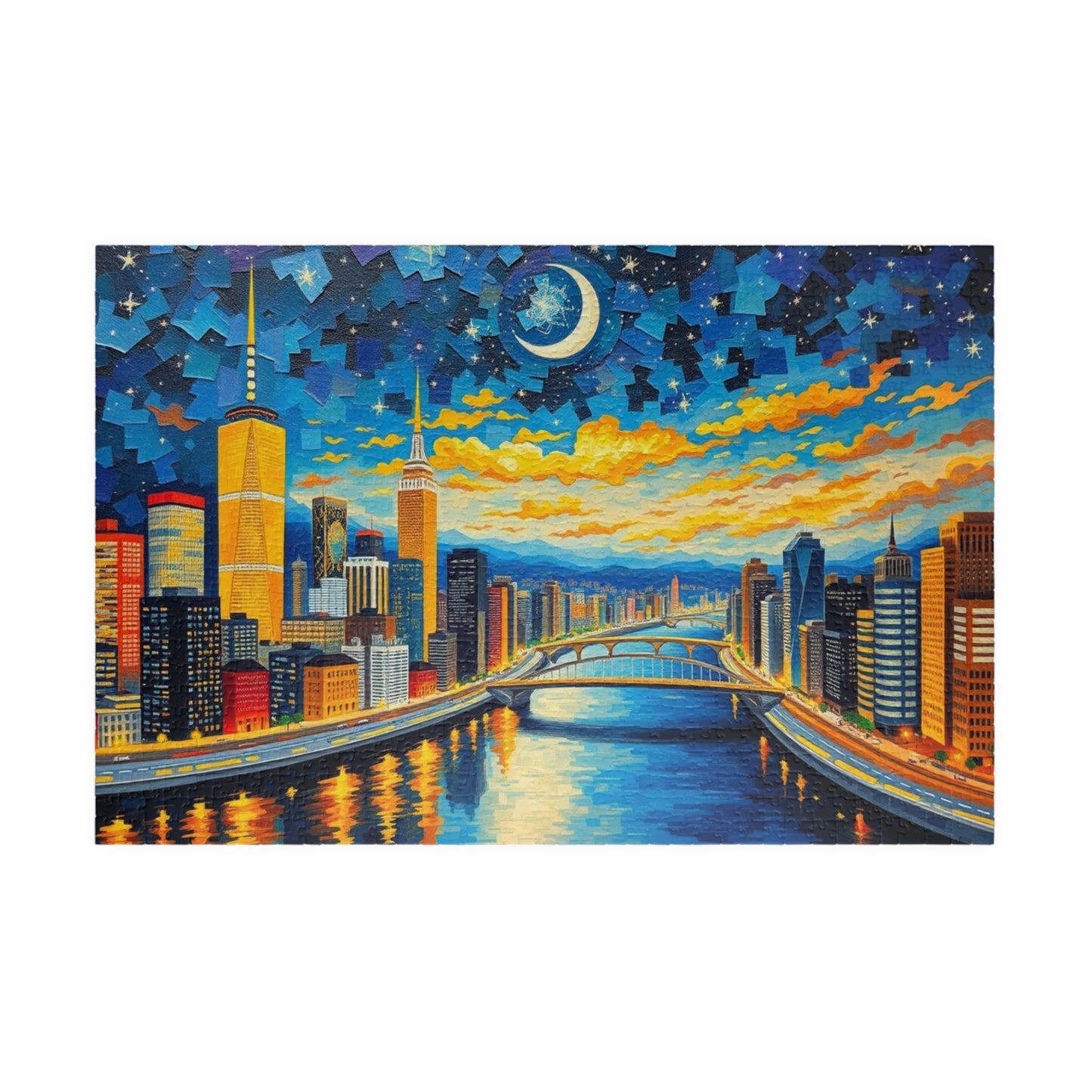 Vibrant City at Night Mosaic Puzzle, Illuminated Skyscraper View, Bustling Urban City Lights Nightscape Jigsaw Game, Fun Family Game Night 1014 pcs (Horizontal) Puzzle The Puzzle Chest