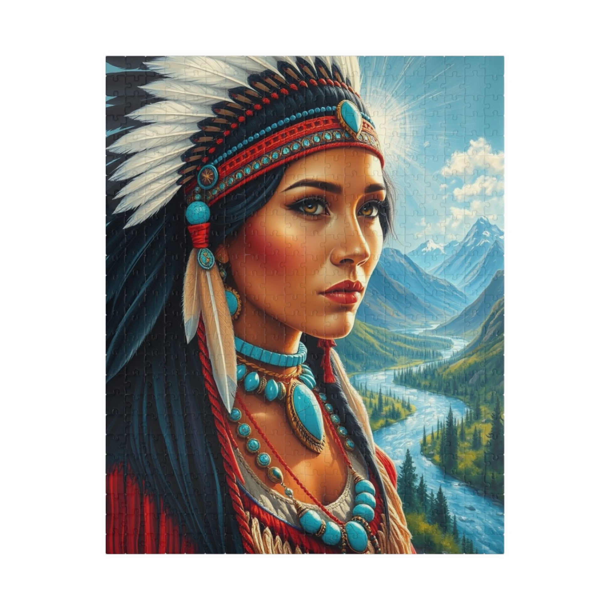 Puzzle, Indigenous Bride with Dark Eyes and Tan Skin, Buckskin Dress, Turquoise Necklace, Feather Headdress Natural Landscape, Mountains, 520 pcs (Vertical) Puzzle The Puzzle Chest
