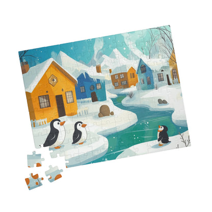 Penguin Winter Village Puzzle | Scenic Snowy Town Jigsaw 110 pcs (Horizontal) Puzzle The Puzzle Chest