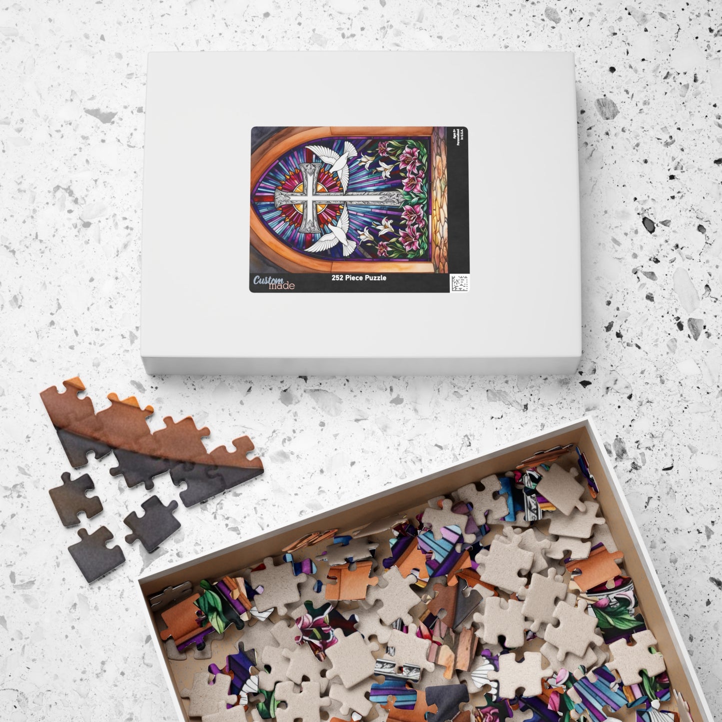 Stained Glass Cross Puzzle, Dove and Lily Flower Design, Faith-Based Christian Jigsaw Game for Adults, Mindful Hobby Gift for Puzzle Lover
