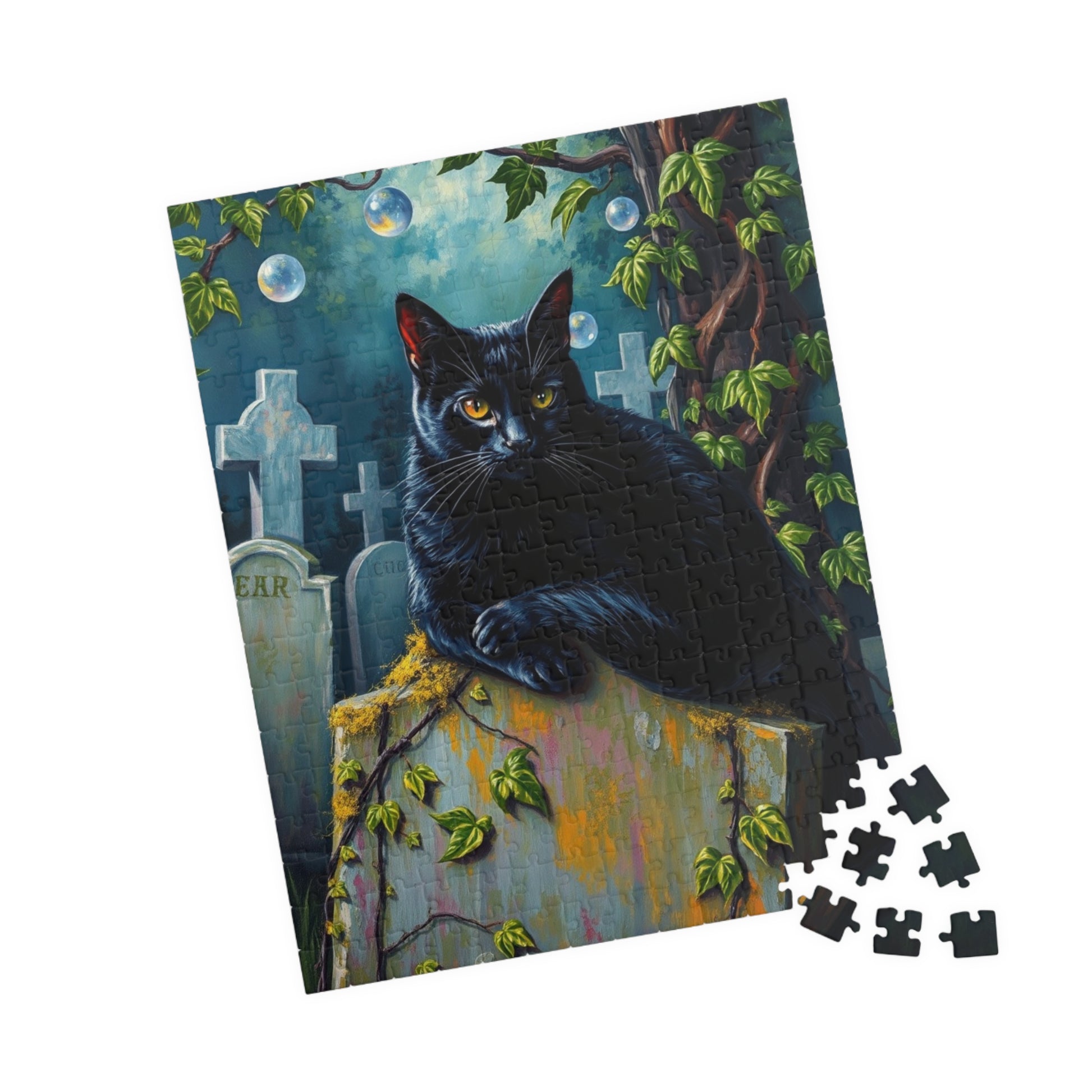 Gothic Puzzle, Black Cat Rests on Moss-Covered Tombstone, Eerie Atmosphere, Halloween Jigsaw Game, Spooky Home Decor, Creepy Cat Lover Gift Puzzle The Puzzle Chest