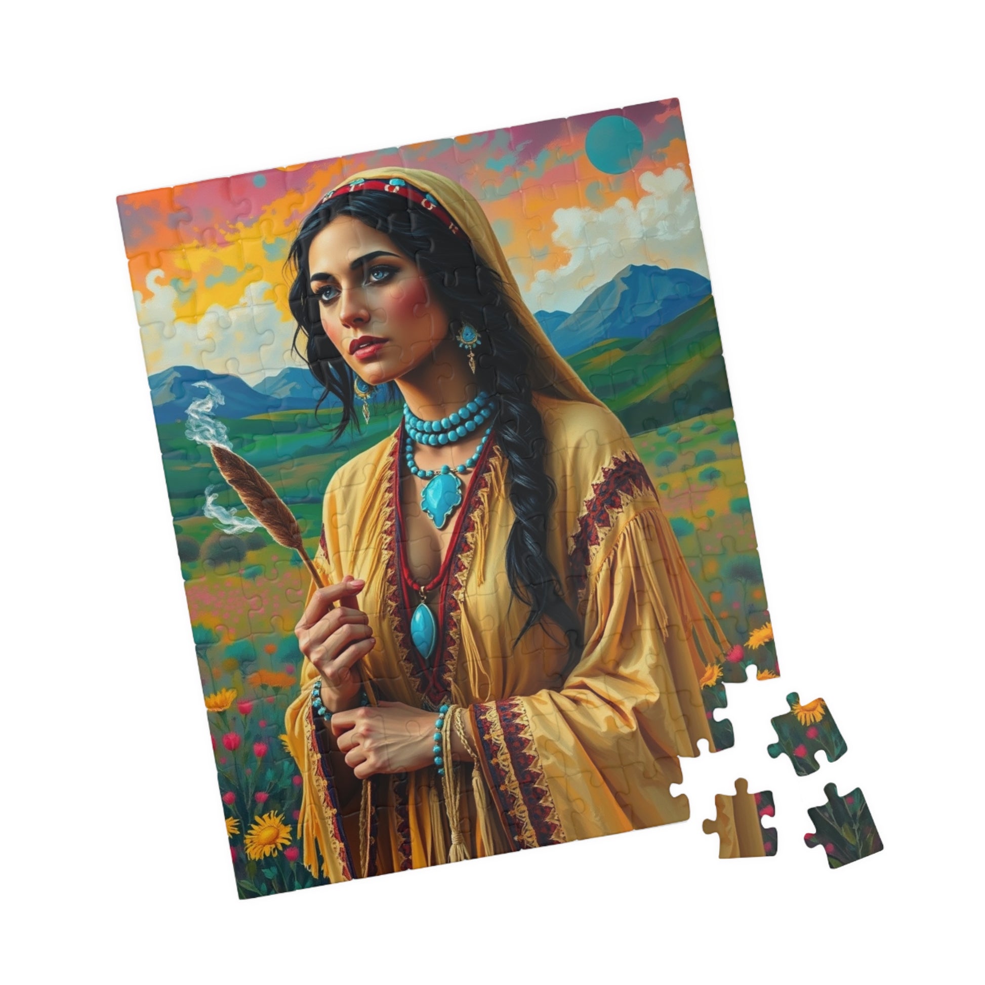 Spiritual Indigenous Bride Puzzle with Turquoise Jewelry and Smudge Stick, Colorful Landscape Wedding Jigsaw Game, Unique Puzzle Lover Gift Puzzle The Puzzle Chest