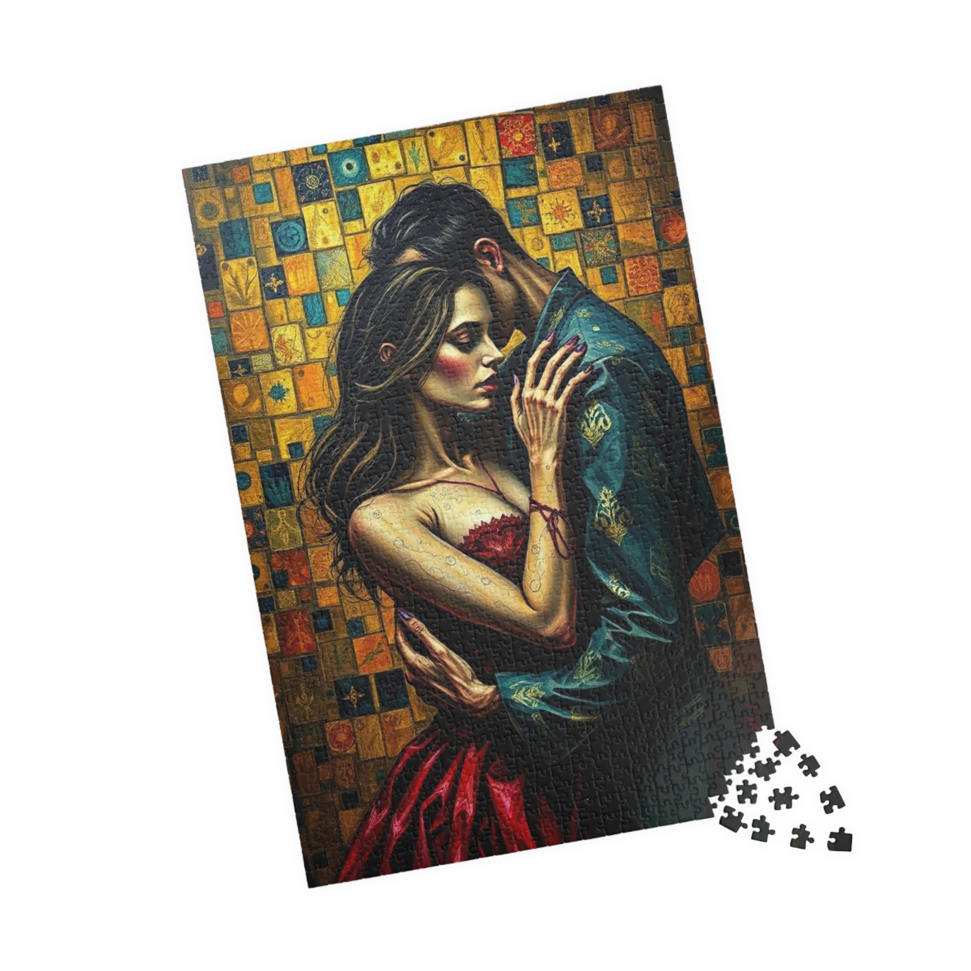 Romantic Embrace Gothic Jigsaw Puzzle, Eerie Couple Hugging Golden Jewel-Toned Patterns, Stress Relief, Unique Dark Art Puzzle Lover Gift Puzzle The Puzzle Chest