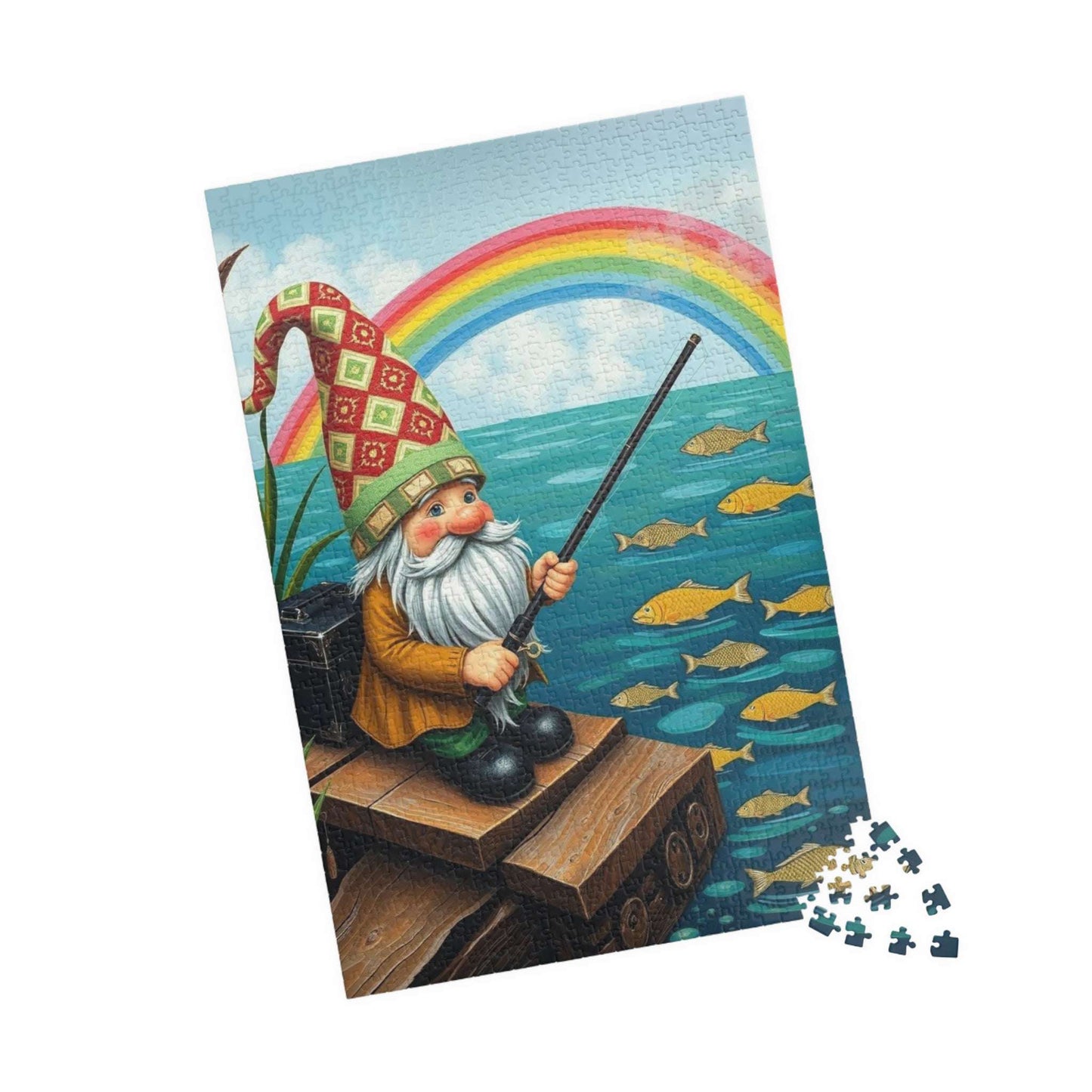 Gnome Fishing by Lake – Whimsical Folk Art Lakeside Jigsaw Puzzle 1014 pcs (Vertical) Puzzle The Puzzle Chest