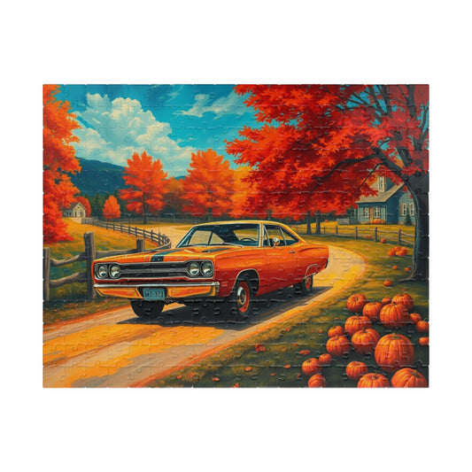 Autumn Vintage Car Puzzle, Orange 1969 Plymouth Road Runner, Retro Auto Jigsaw Game, Relaxing Fall Vibes, Gift for Car Lovers, Solo Fun 252 pcs (Horizontal) Puzzle The Puzzle Chest