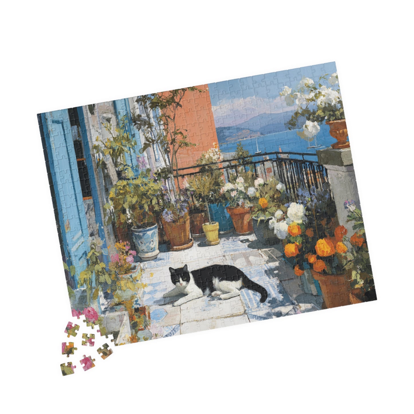 Cat on the Flower Balcony – Seaside Fauvist Jigsaw Puzzle, Animal Theme Kitten Puzzle 520 pcs (Horizontal) Puzzle The Puzzle Chest