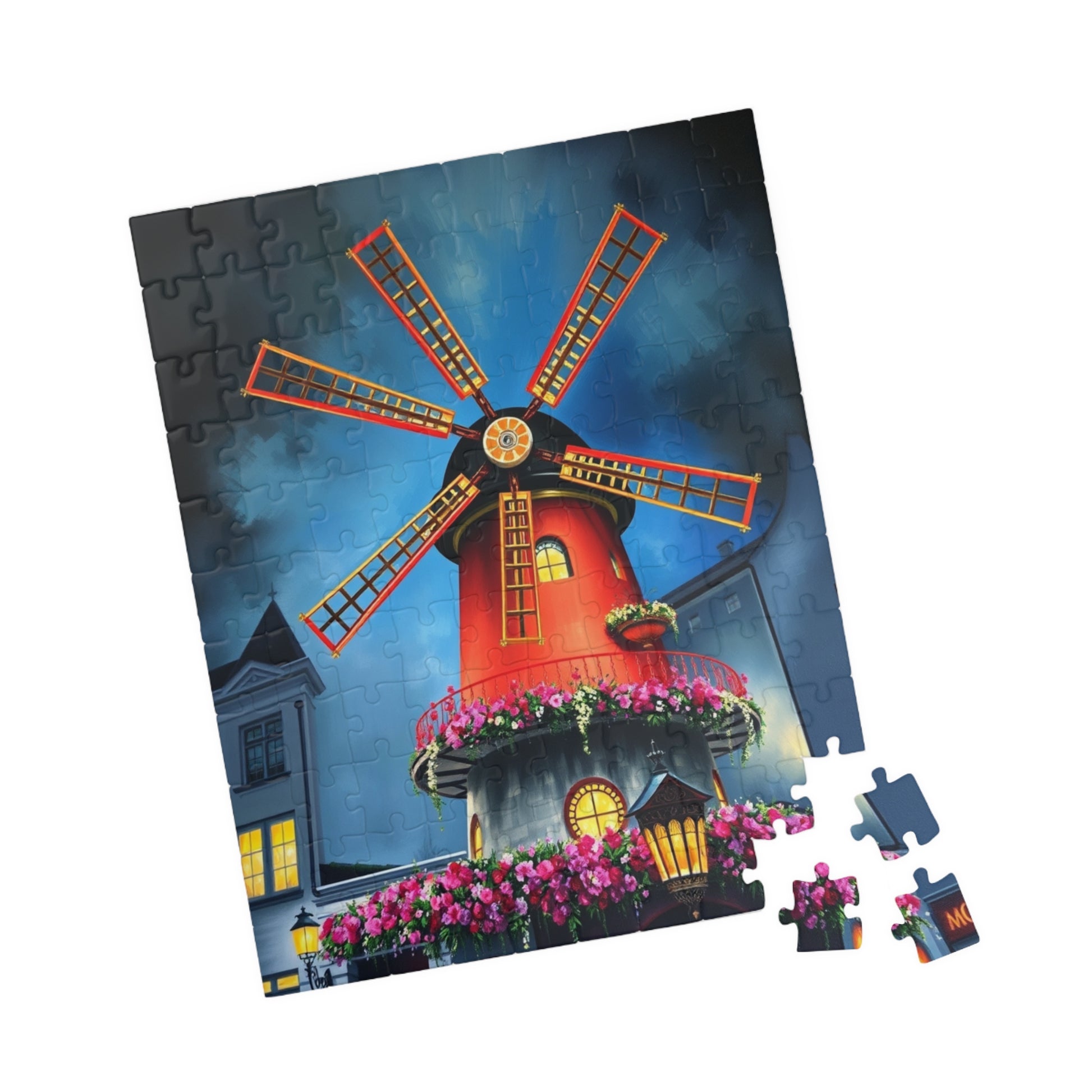 Moulin Rouge Windmill Puzzle, Famous Parisian Landmark Tourist Attraction Jigsaw Game, Vibrant Nighttime Paris Scene, Best Travel Lover Gift Puzzle The Puzzle Chest