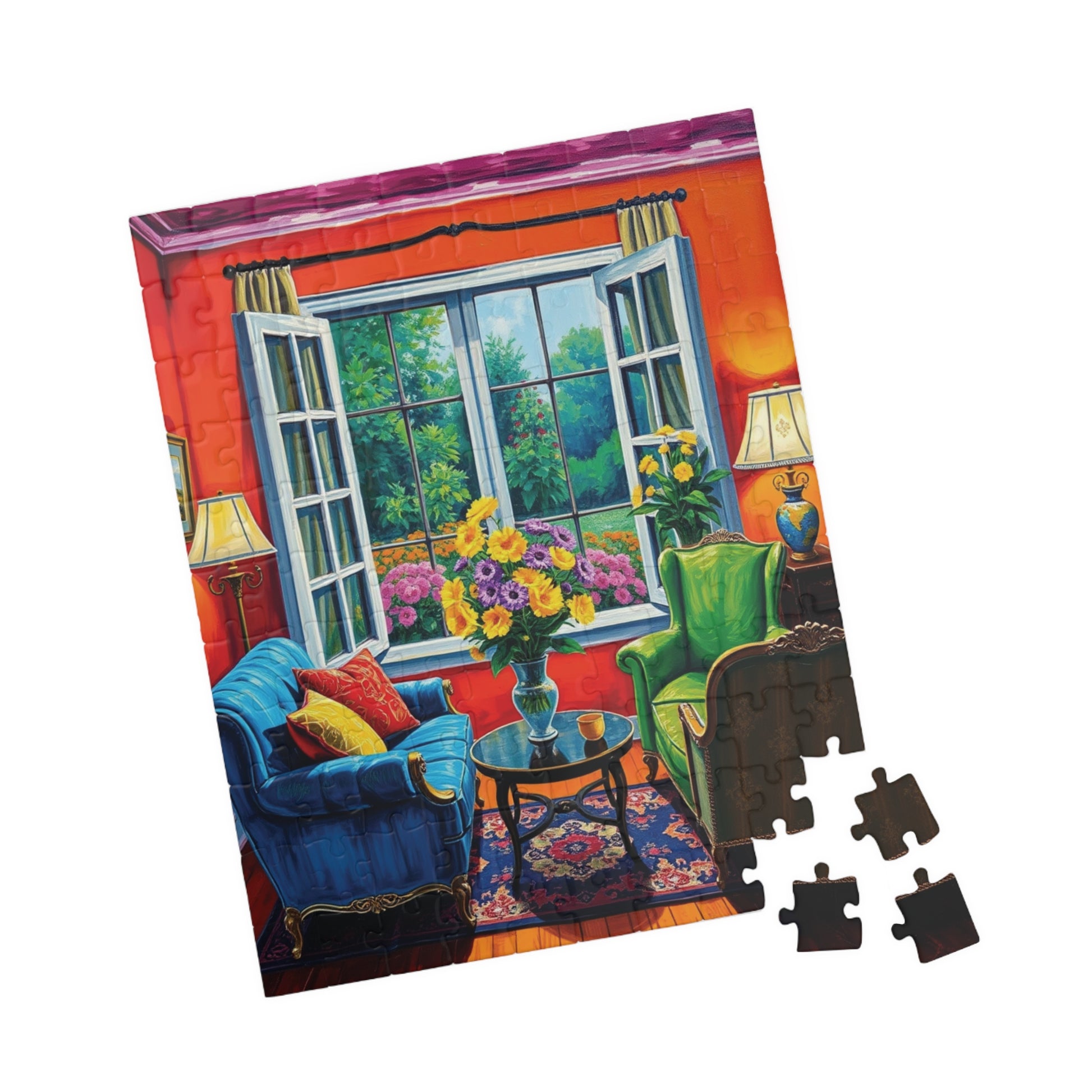 Jigsaw Puzzle, Vibrant Living Room Scene 110 252 520 1014-Piece, Red Orange Blue Green Yellow Purple Floral Wall Art Decor Game Toy, Gift Puzzle The Puzzle Chest