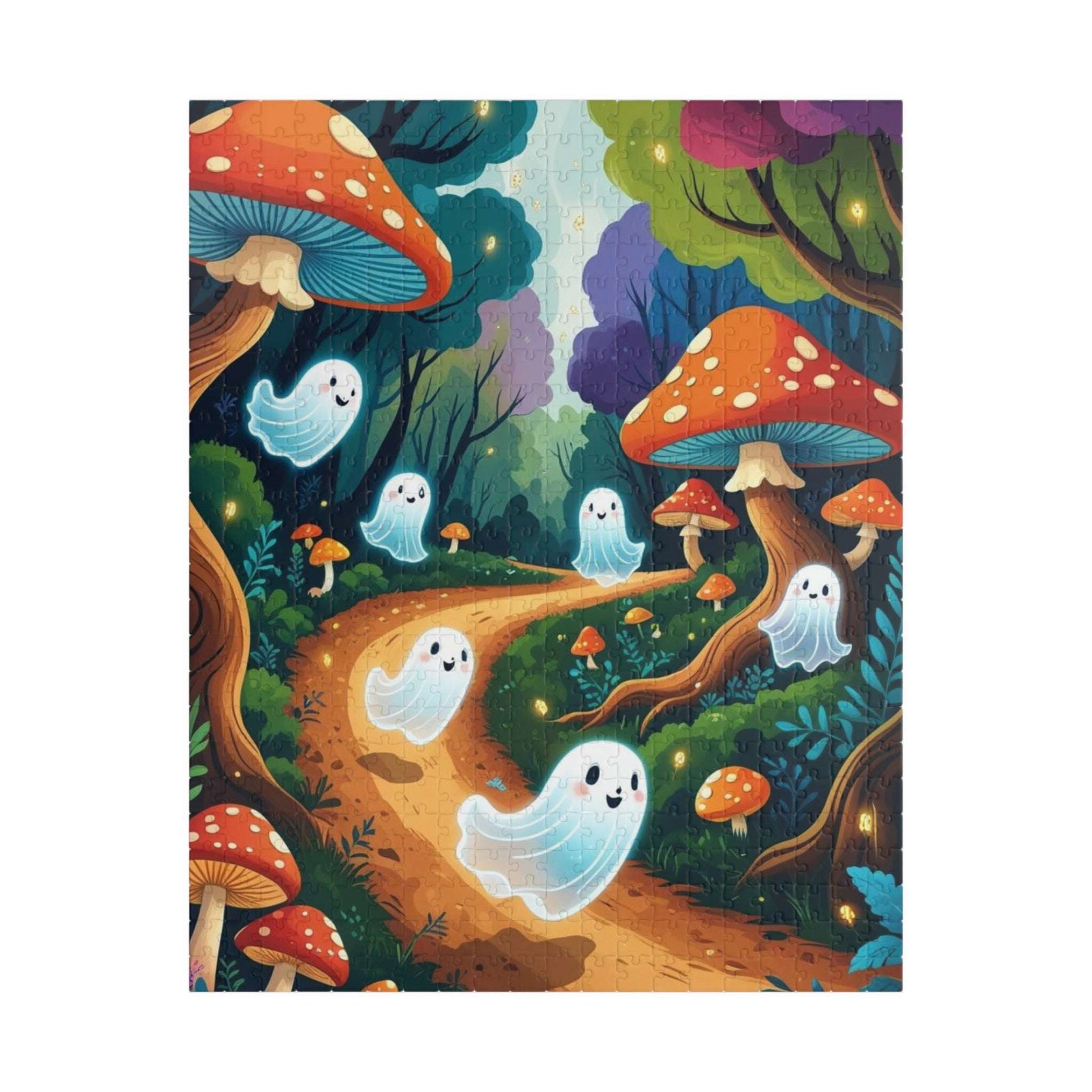 Mystical Forest Ghost Parade Jigsaw Puzzle - Enchanting Ghosts and Mushrooms Halloween Puzzle
