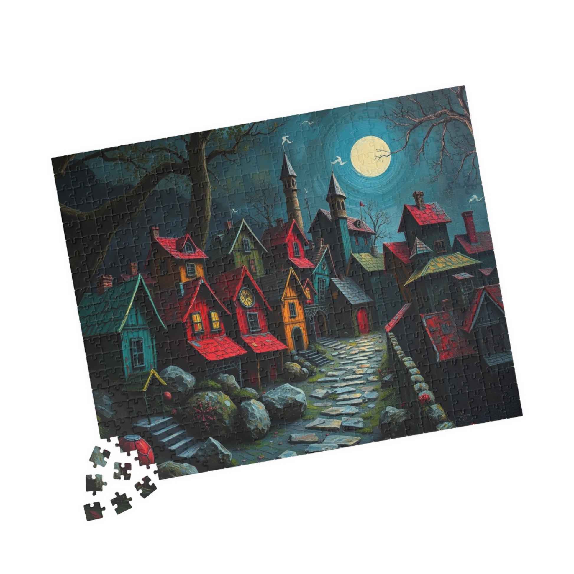 Nighttime Village 3D Puzzle (110, 252, 520, 1014-piece), Haunting Spooky Town at Night, Ideal Puzzle Gift for Gothic Dark Art Lover, Mindful The Puzzle Chest