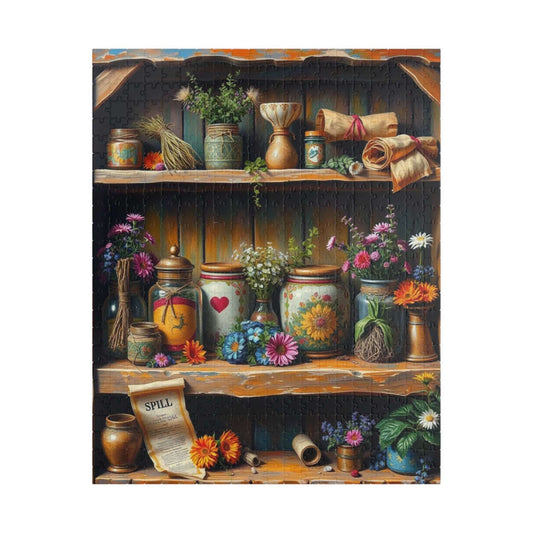 Stitchleaf Spell Shelf Jigsaw Puzzle - Cozy Cottage Folk Art Adult 110-520 Piece Game for Nature Lover, Family Fun, Birthday Gift for Friend