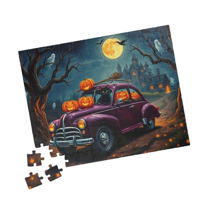 Halloween-Themed Vintage Car Jigsaw Puzzle with Cats, Ghosts and Pumpkins