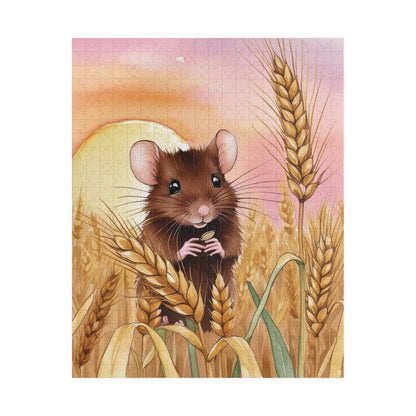 Animal Jigsaw Puzzle Gifted, Cute Mouse in Wheat Field Sunset Art, Animal Lover Brain Teaser Game Family Activity, Relaxing Hobby Enthusiast