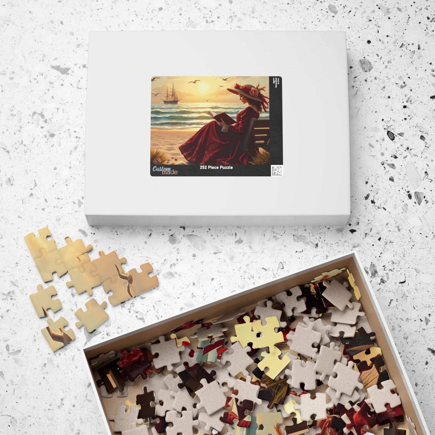 Victorian Seaside Reverie Jigsaw Puzzle - Elegant Woman Reading on the Shoreline, Romantic Vintage Puzzle Art Game Puzzle The Puzzle Chest