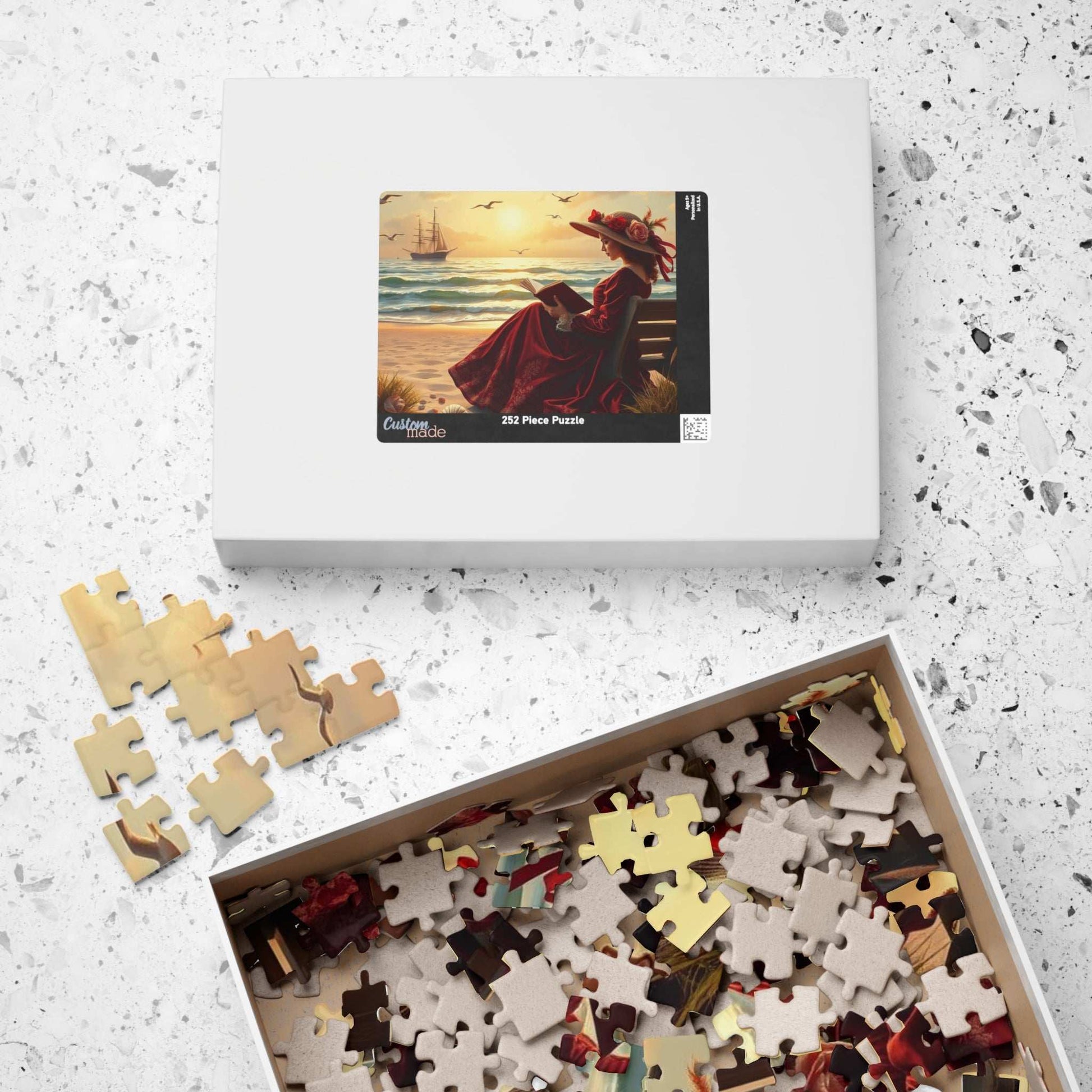 Victorian Seaside Reverie Jigsaw Puzzle - Elegant Woman Reading on the Shoreline, Romantic Vintage Puzzle Art Game Puzzle The Puzzle Chest