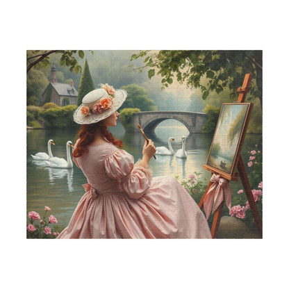 Romantic Lake Painting Jigsaw Puzzle - Victorian Woman, Swans, Stone Bridge & Blossoms, Vintage Style Gift for Art Lover Puzzle The Puzzle Chest