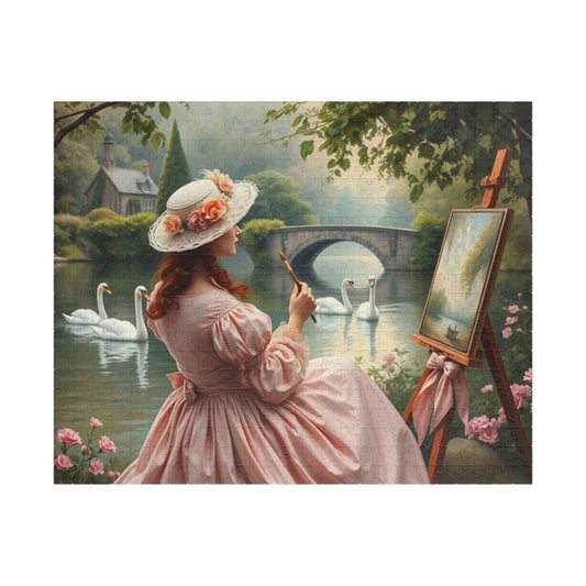 Romantic Lake Painting Jigsaw Puzzle - Victorian Woman, Swans, Stone Bridge & Blossoms, Vintage Style Gift for Art Lover Puzzle The Puzzle Chest