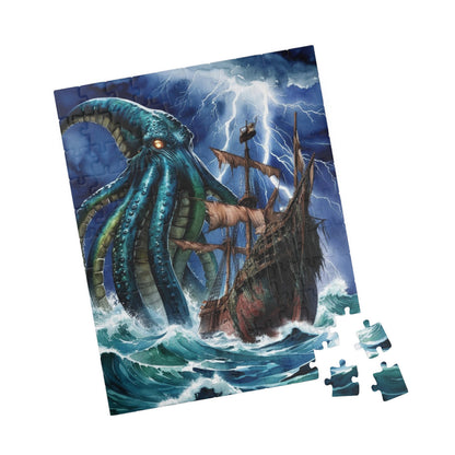Kraken Puzzle, Mythical Creature Colossal Sea Monster Jigsaw, Pirate Ship Stormy Ocean Theme Tabletop Game for Adult Entertainment, Hobby