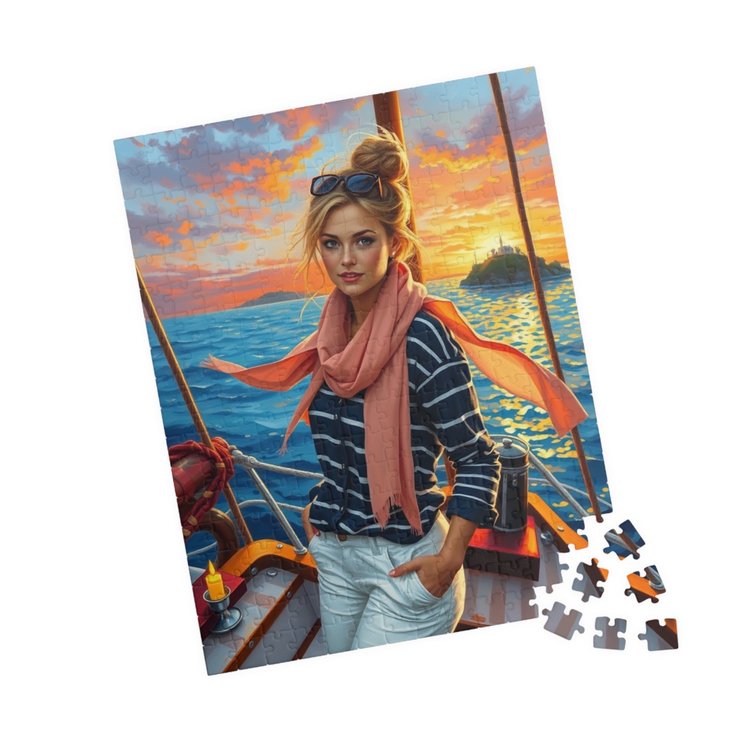 Jigsaw Puzzle, Woman on Sailboat Bow, 110 252 520 1014 Piece, Navy Striped Shirt, White Pants, Blonde Hair, Messy Bun, Fair-skinned Lady, Puzzle The Puzzle Chest
