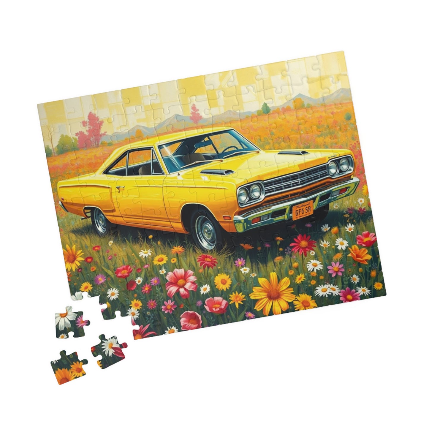 Vintage Car Puzzle Classic Yellow 1969 Plymouth Road Runner, Nostalgic Auto Jigsaw Game for Adults, Gift for Car Lover, Family Game Night
