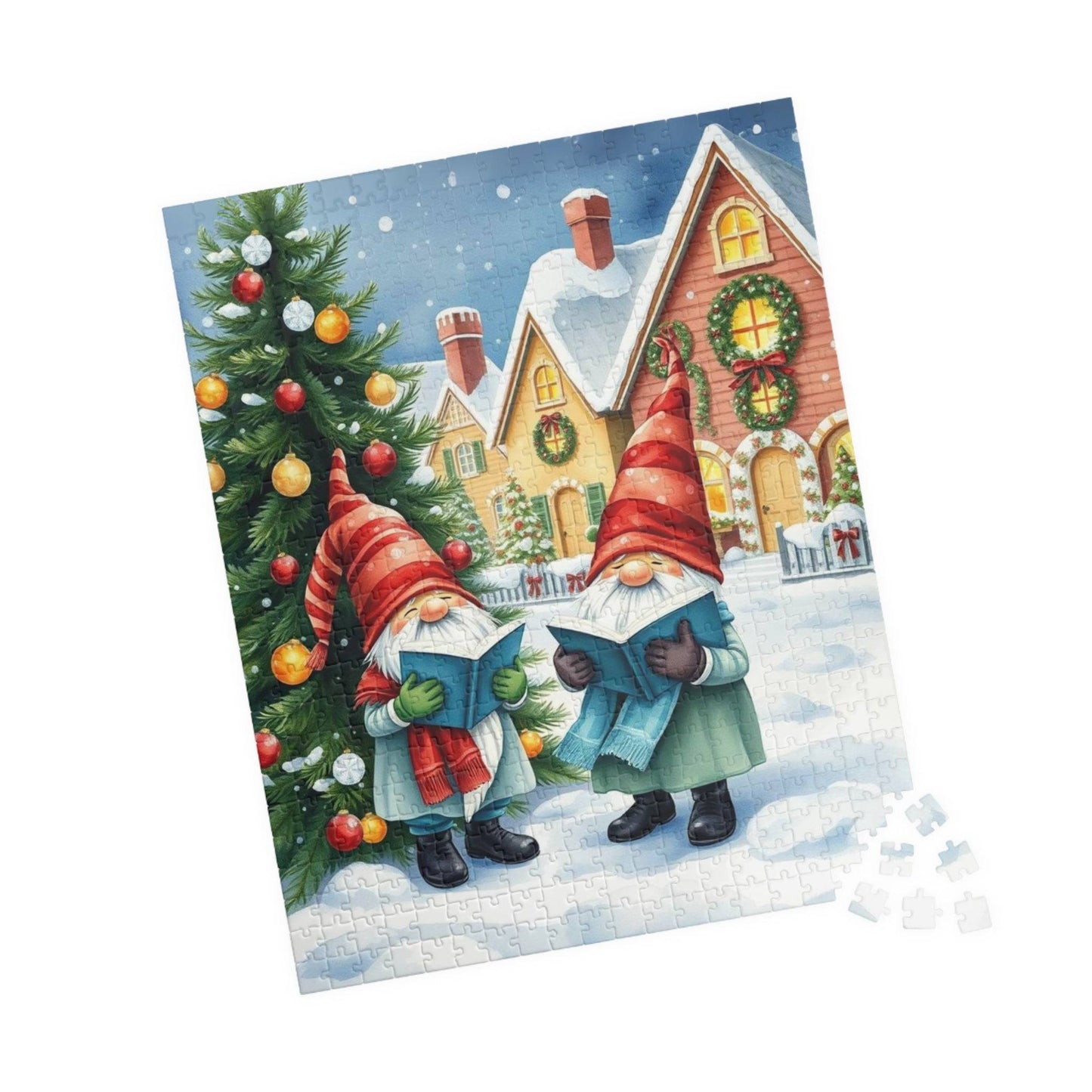 Christmas Caroling Gnomes in Snowy Village – Watercolor Storybook Holiday Jigsaw Puzzle 520 pcs (Vertical) Puzzle The Puzzle Chest