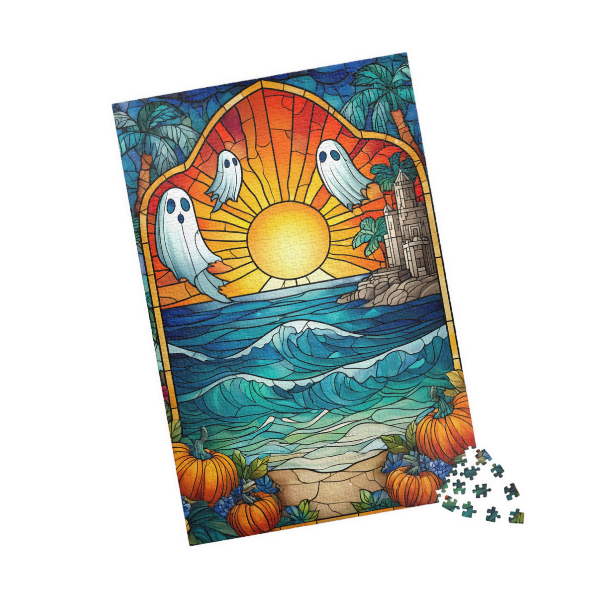 Stained Glass Style Sunset with Ghosts Puzzle | Ocean Waves, Pumpkins, Castle 110/252/520/1014-piece 1014 pcs (Vertical) Puzzle The Puzzle Chest