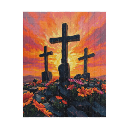 Three Crosses Sunrise Puzzle, Christian Wildflower Jigsaw Game, Spiritual Uplifting Scene with Wooden Crosses, Religious Puzzle Lover Gift 252 pcs (Vertical) Puzzle The Puzzle Chest