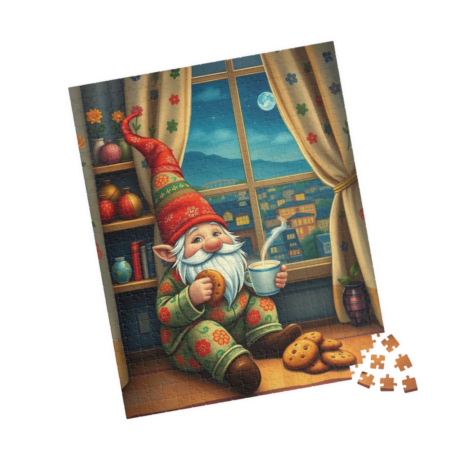 Gnome at Midnight Snack – Milk and Cookies Folk Art Jigsaw Puzzle 520 pcs (Vertical) Puzzle The Puzzle Chest