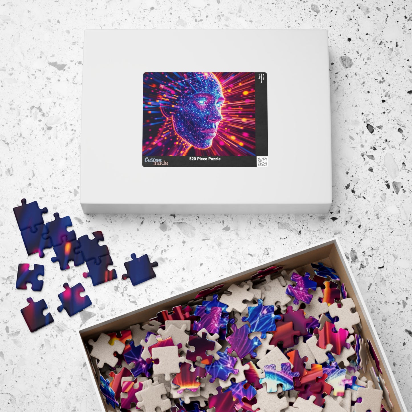 Abstract Human Face Jigsaw Puzzle, Colorful Glowing Electric Lines and Dots Design, Unique Gift for Bold Modern Art Lover Collector Hobbyist Puzzle The Puzzle Chest