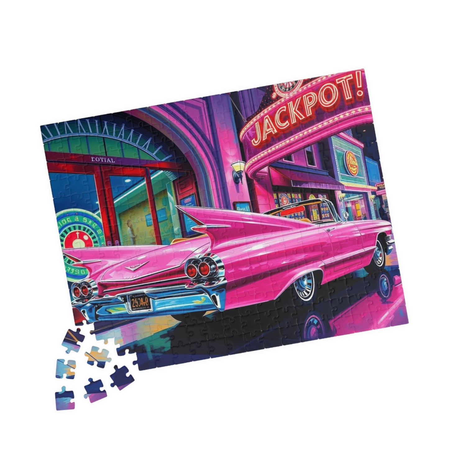 Vintage Car Puzzle - 1959 Pink Eldorado, Retro Casino and Classic Vehicle Scene Puzzle The Puzzle Chest