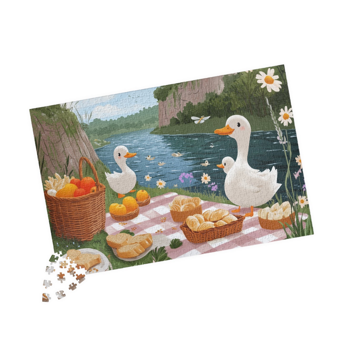 Duck Picnic Jigsaw Puzzle | Scenic Riverbank Farm Animal Illustration 1014 pcs (Horizontal) Puzzle The Puzzle Chest