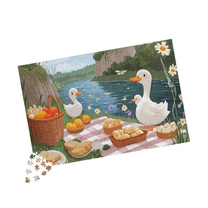 Duck Picnic Jigsaw Puzzle | Scenic Riverbank Farm Animal Illustration 1014 pcs (Horizontal) Puzzle The Puzzle Chest