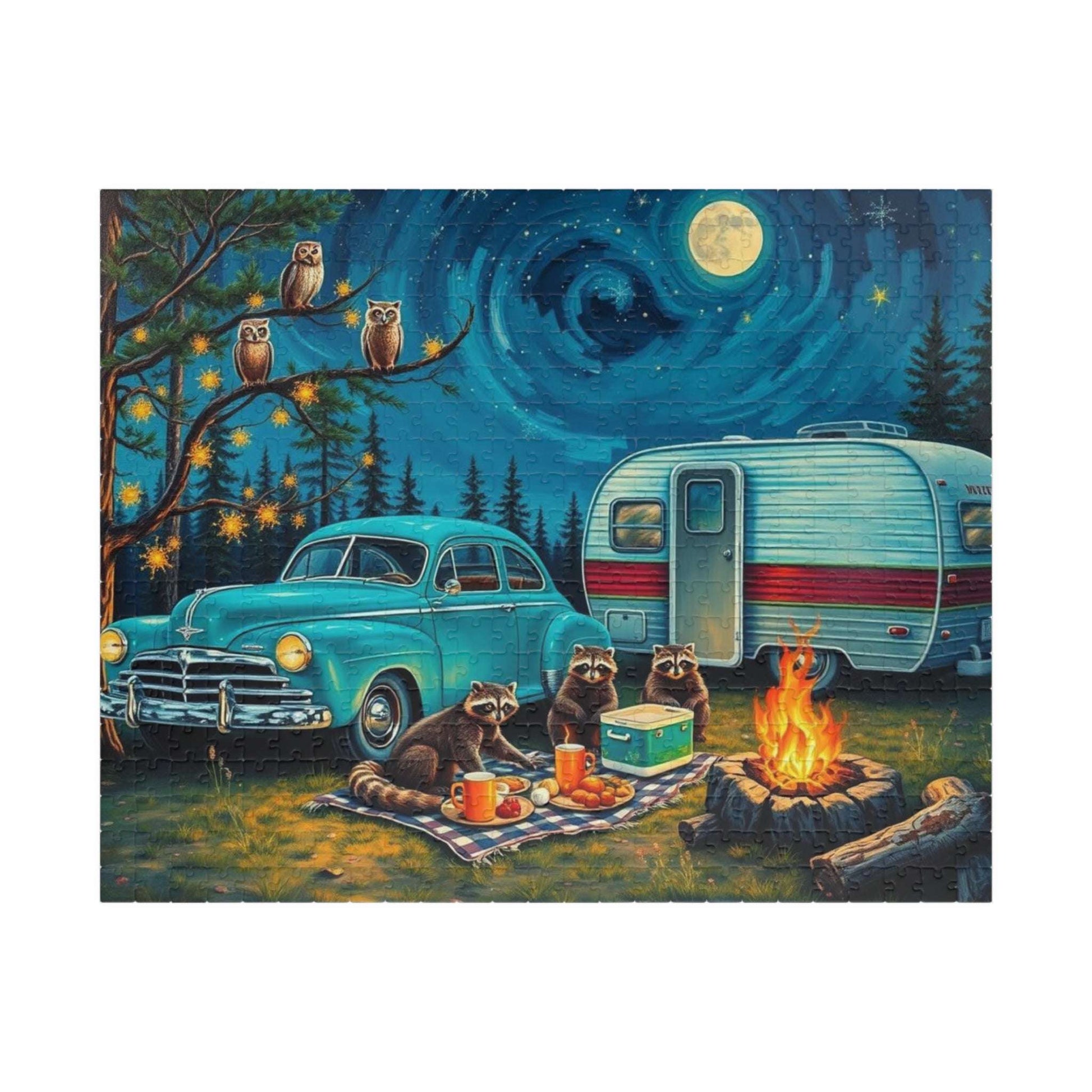 Cozy Camping Jigsaw Puzzle with Raccoons and Owls, Solo Fun or Family Game, Nature Vibes, Holiday Birthday Gift for Friends, 110-1014-piece 520 pcs (Horizontal) Puzzle The Puzzle Chest