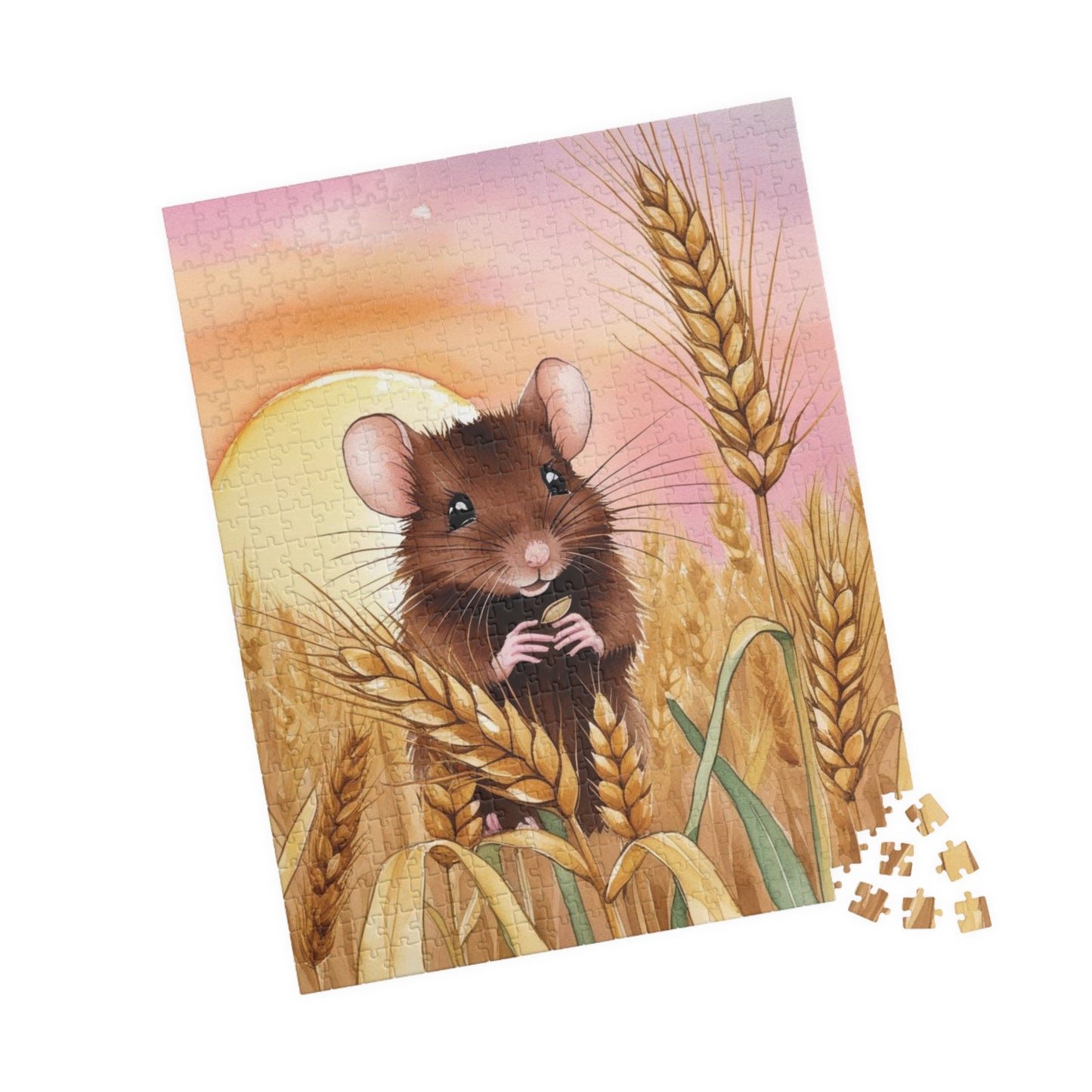 Animal Jigsaw Puzzle Gifted, Cute Mouse in Wheat Field Sunset Art, Animal Lover Brain Teaser Game Family Activity, Relaxing Hobby Enthusiast