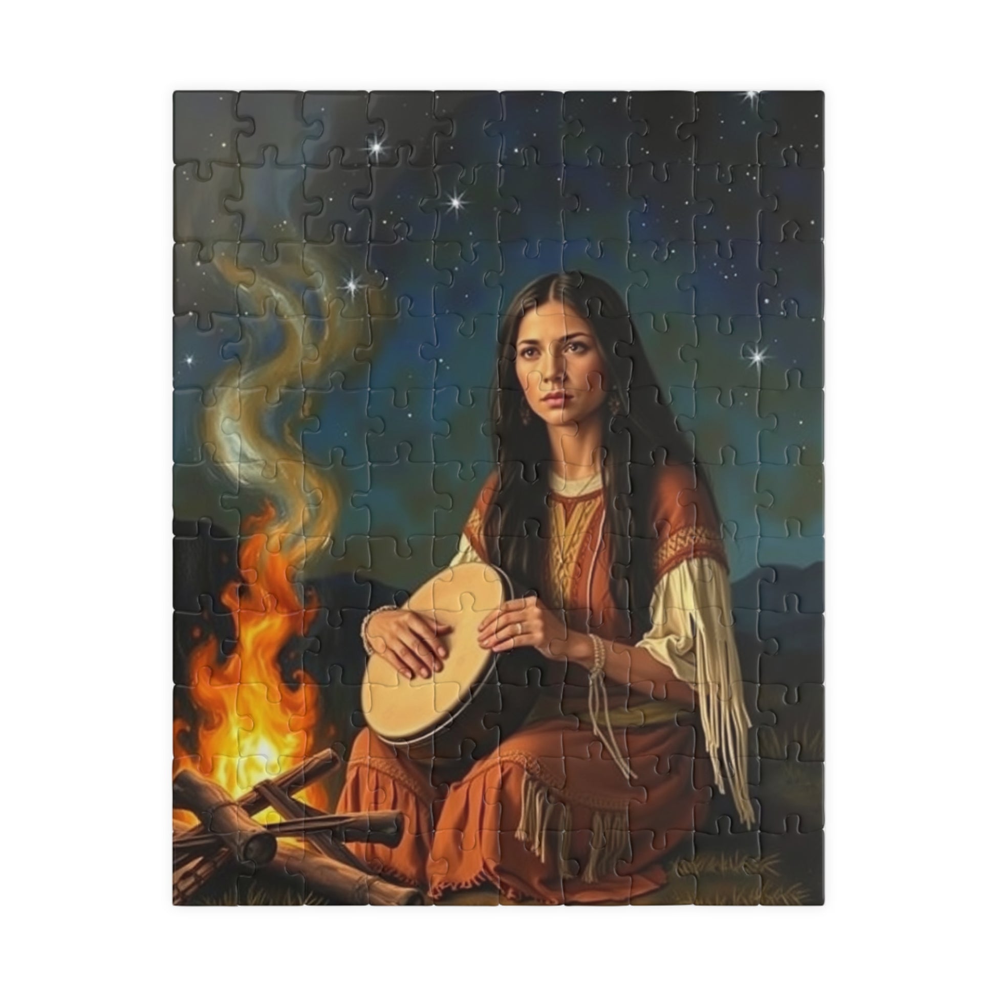 Native American Puzzle (110-1014 Piece), Indigenous Woman Campfire Night Sky Jigsaw Game, Traditional Creative Hobby, Unique Gift 110 pcs (Vertical) Puzzle The Puzzle Chest