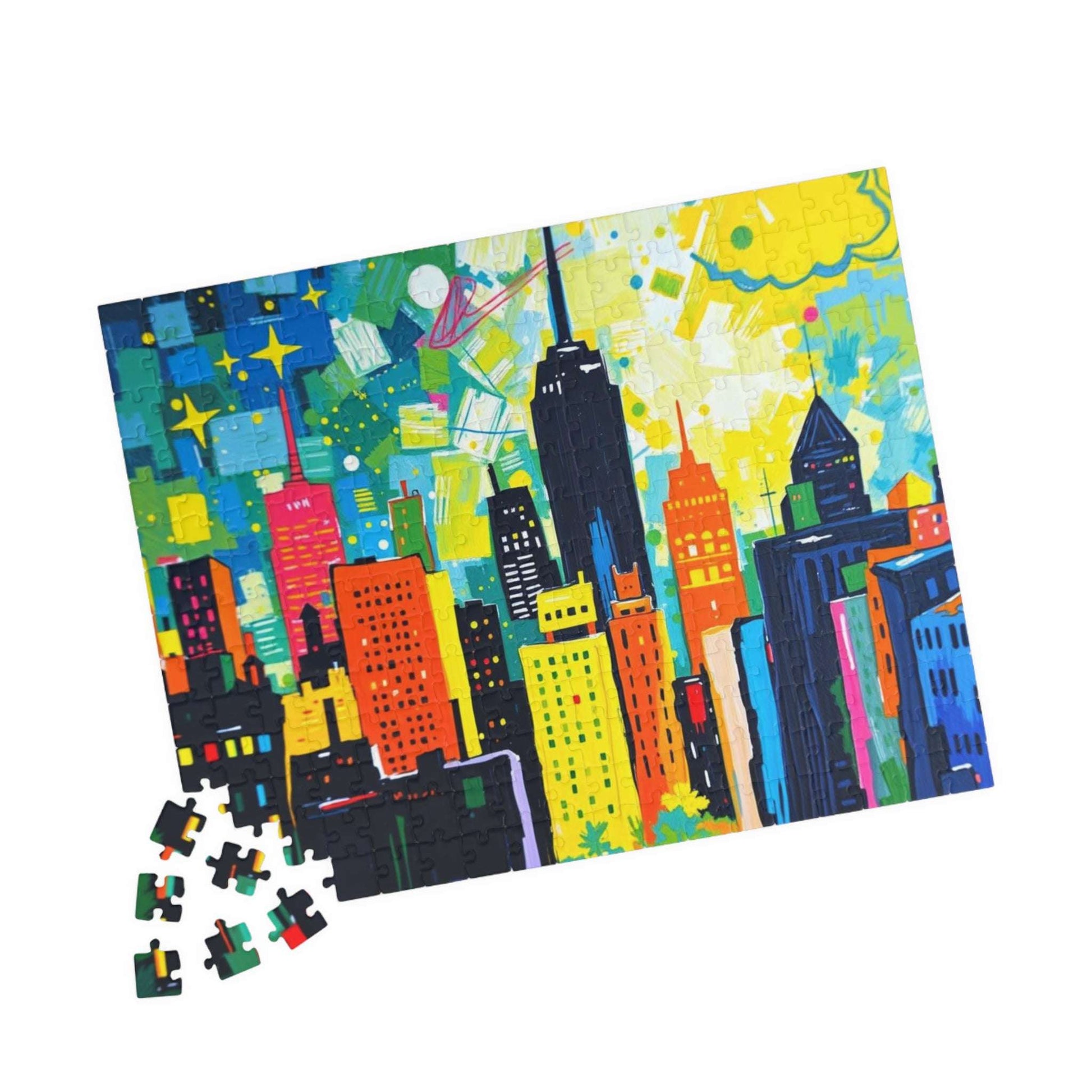 Skyscraper Splendor Jigsaw Puzzle - Vibrant Urban Glow Cityscape Puzzle for Adults