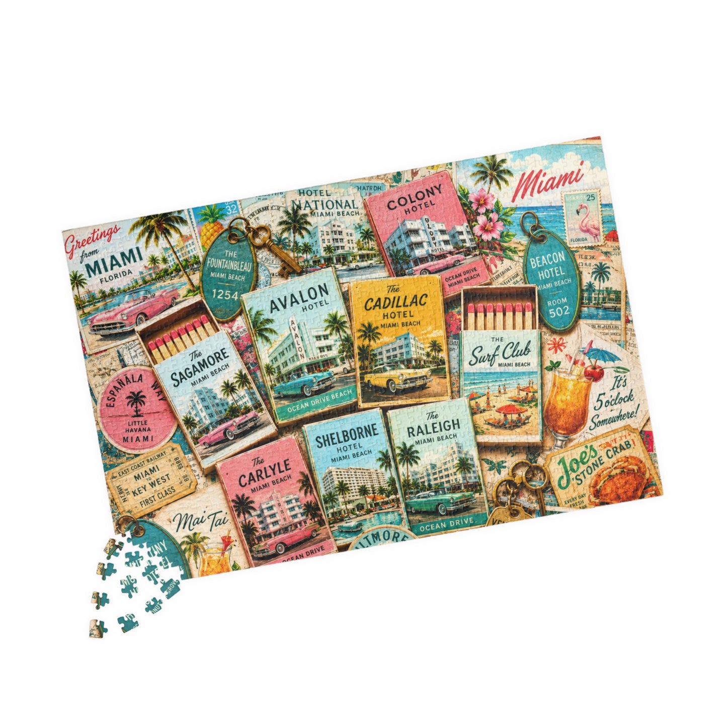 Vintage Miami Matchbook Puzzle | Art Deco Beach Memorabilia Jigsaw | Florida Coastal Tropical Travel Nostalgia