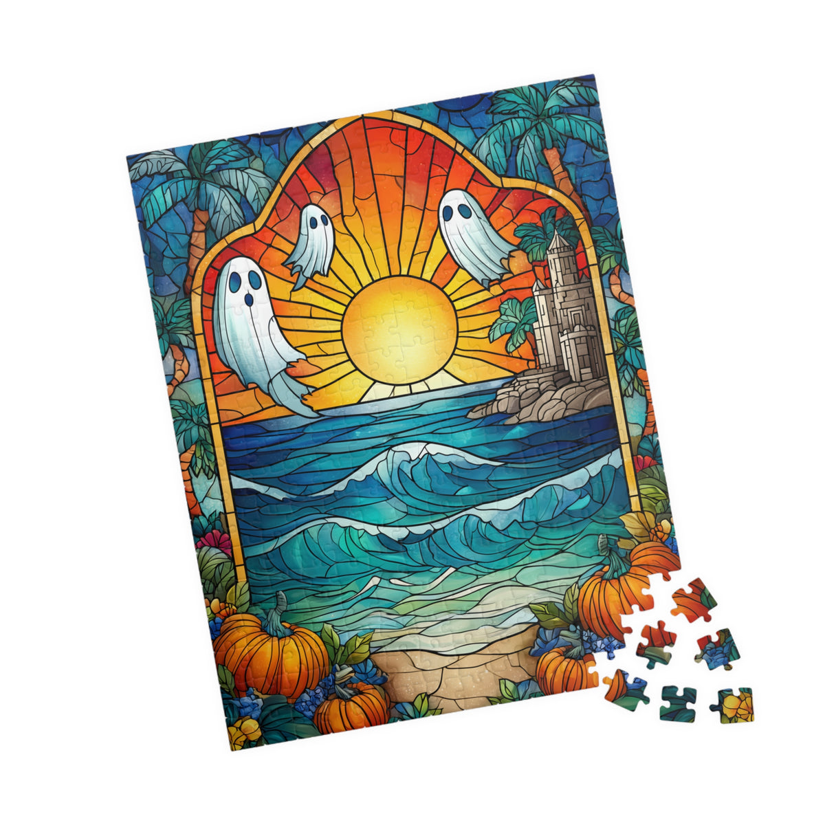 Stained Glass Style Sunset with Ghosts Puzzle | Ocean Waves, Pumpkins, Castle 110/252/520/1014-piece 252 pcs (Vertical) Puzzle The Puzzle Chest