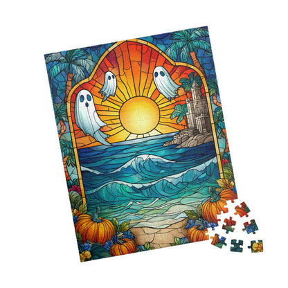 Stained Glass Style Sunset with Ghosts Puzzle | Ocean Waves, Pumpkins, Castle 110/252/520/1014-piece 252 pcs (Vertical) Puzzle The Puzzle Chest