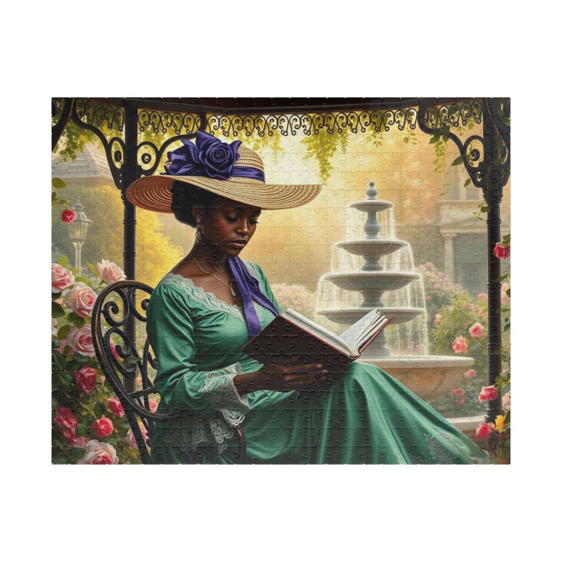 Black Victorian Scholar Jigsaw Puzzle, Afro Woman Reading in Flower Garden, Afrocentric Art Puzzle The Puzzle Chest