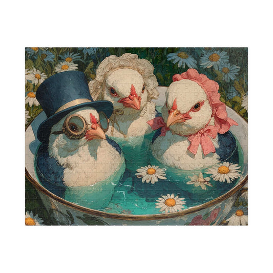 Whimsical Wildflower Field Tea Chicken Puzzle – Three Fancy Chickens in Giant Teacup Bath with Flowers, Fairy-Tale Farm Animal Jigsaw Puzzle The Puzzle Chest