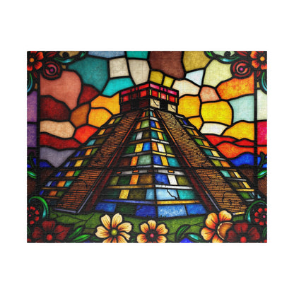 Stained Glass Chichen Itza Pyramid Jigsaw Puzzle, Historic Mayan Famous Landmark, Travel-Inspired Frameable Art Giftable Puzzle 520 pcs (Horizontal) Puzzle The Puzzle Chest