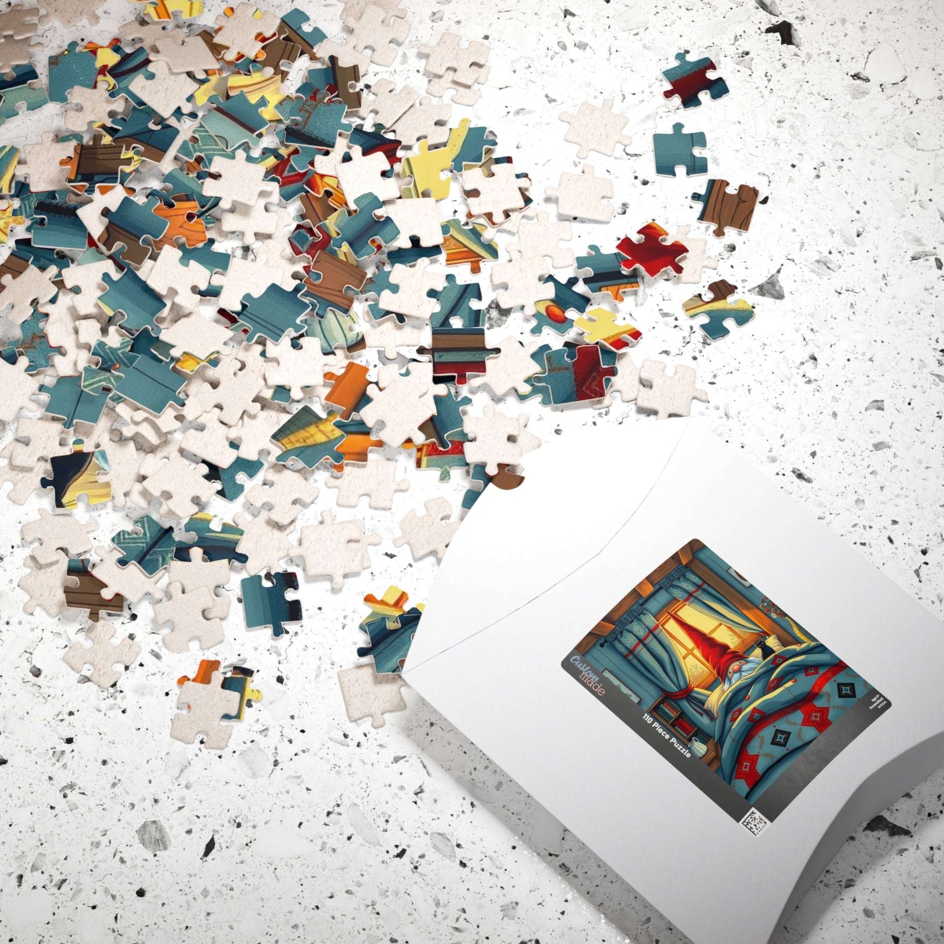 Scandinavian Folk Art Gnome Sleeping Jigsaw Puzzle – Nordic Bedroom Nighttime Scene Puzzle The Puzzle Chest