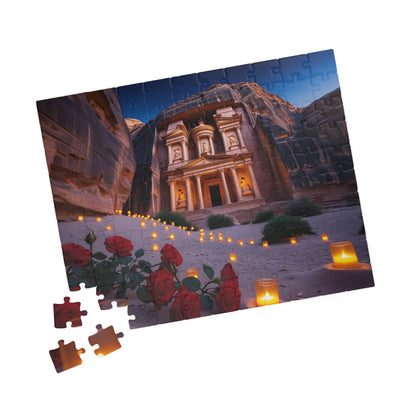 The Treasury at Petras Twilight Jigsaw Puzzle, Famous Ancient Landmark, Candlelit Lanterns Desert Roses, Mindfulness Gift for Puzzle Lover Puzzle The Puzzle Chest