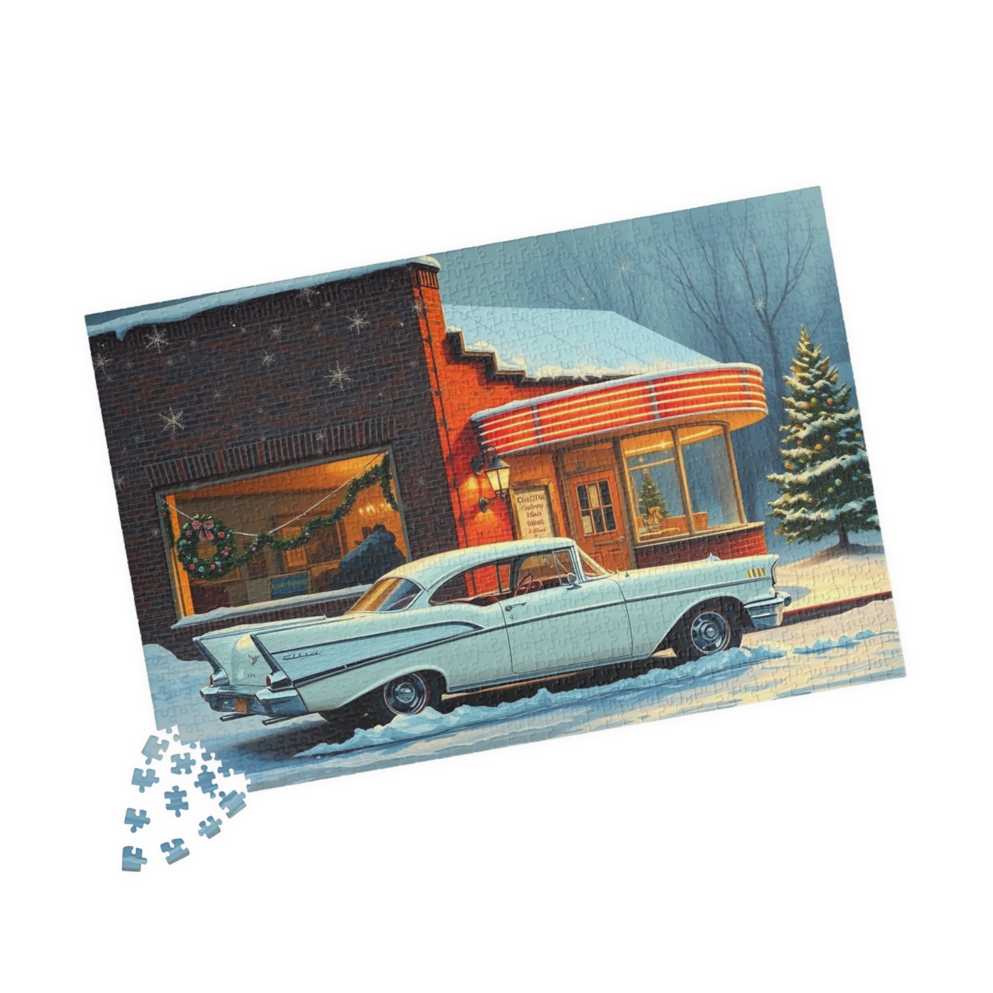 Vintage Car Puzzle - Winter Scene, Nostalgic Classic 1957 Bel Air Jigsaw Game Puzzle The Puzzle Chest