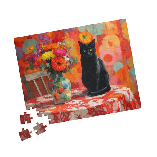 Cat and the Flowered Tablecloth – Fauvist Black Cat Jigsaw Puzzle, Animal Theme Art Puzzle, Matisse-Inspired 110 pcs (Horizontal) Puzzle The Puzzle Chest