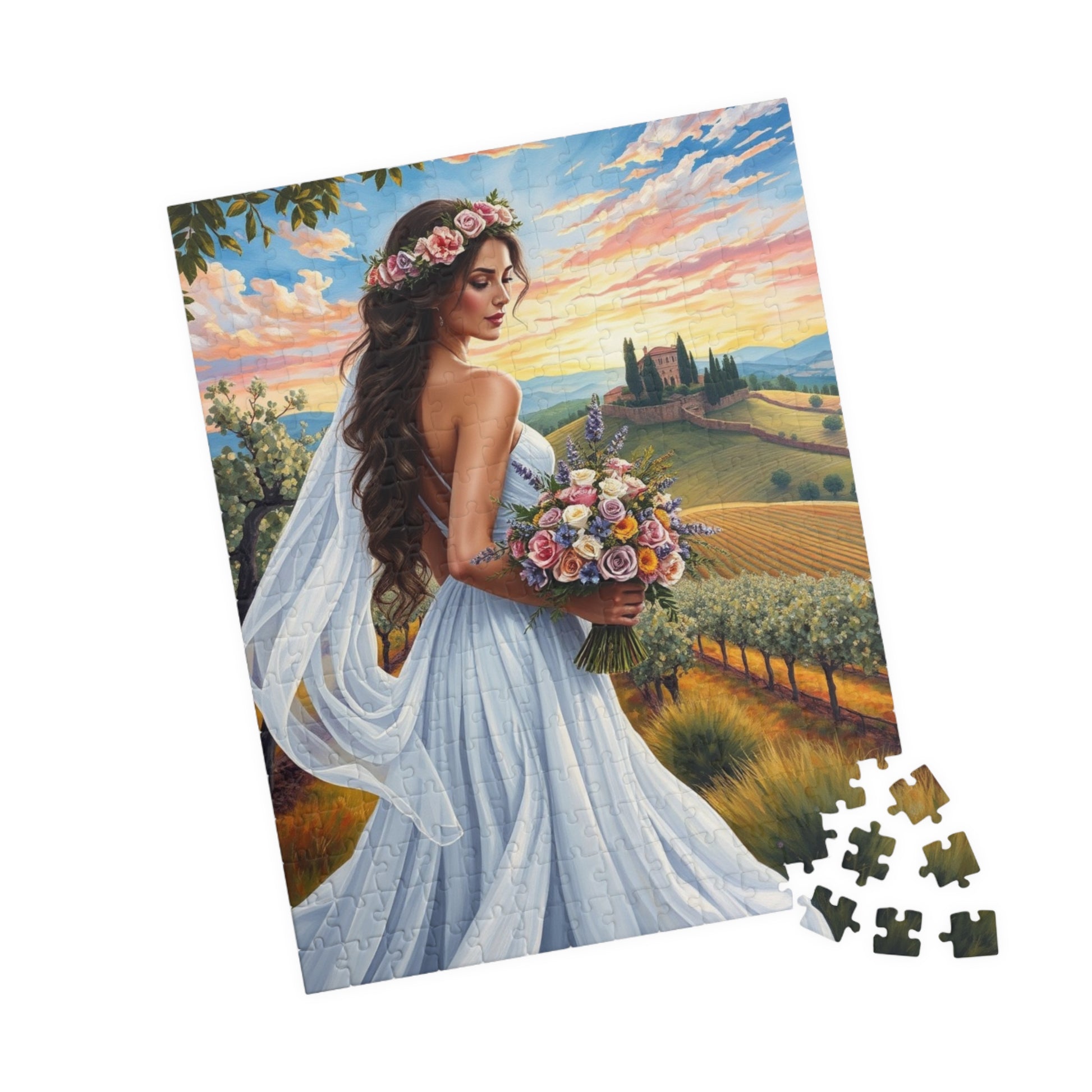 Elegant Italian Bride Jigsaw Puzzle, White Gown Floral Crown Wildflower Bouquet, Tuscan Vineyard Romantic Wedding, Puzzle Enthusiast Gift Puzzle The Puzzle Chest