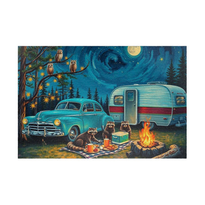 Cozy Camping Jigsaw Puzzle with Raccoons and Owls, Solo Fun or Family Game, Nature Vibes, Holiday Birthday Gift for Friends, 110-1014-piece 1014 pcs (Horizontal) Puzzle The Puzzle Chest