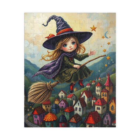 Friendly Flying Folklore - Whimsical Halloween Witch Jigsaw Puzzle, Folk Art Gift for Adult Puzzle Lover Family Game Night Indoor Activity